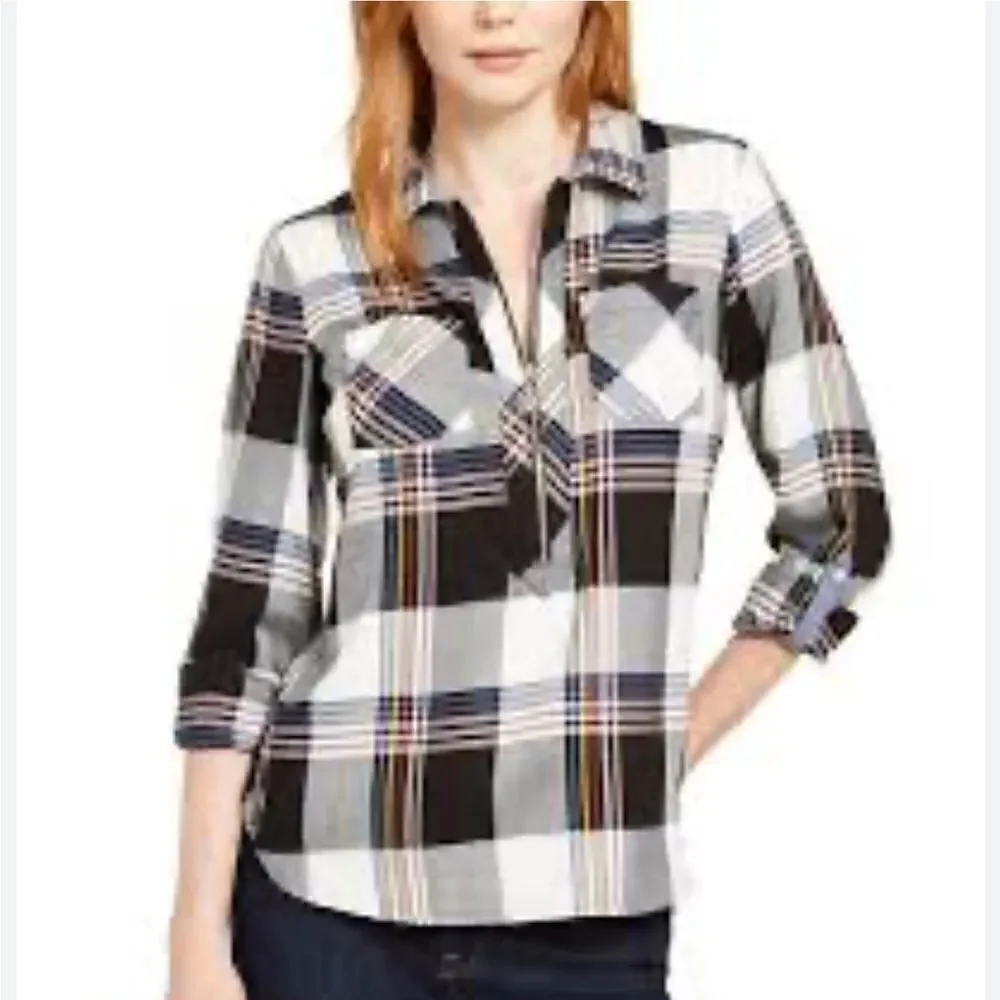 Tommy Hilfiger Plaid Zip Up Popover Shirt Size Small